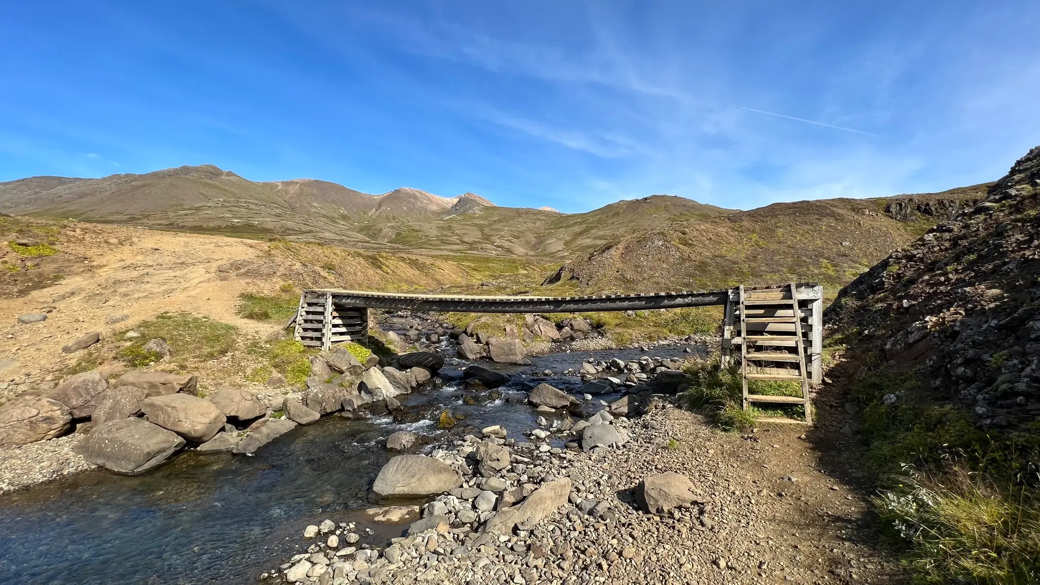 Cross Skarðarsá via footbridge